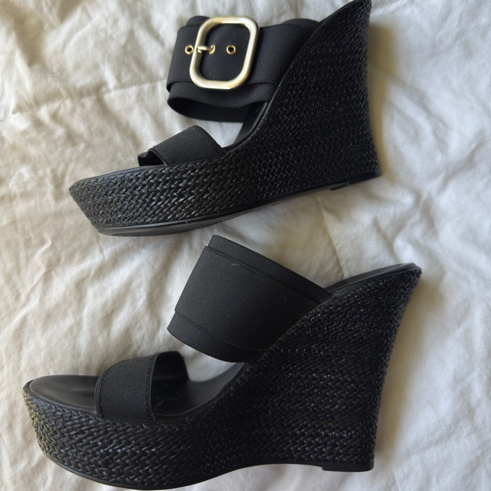 Italian Shoemakers Black Wedge Sandals with Gold Buckle
